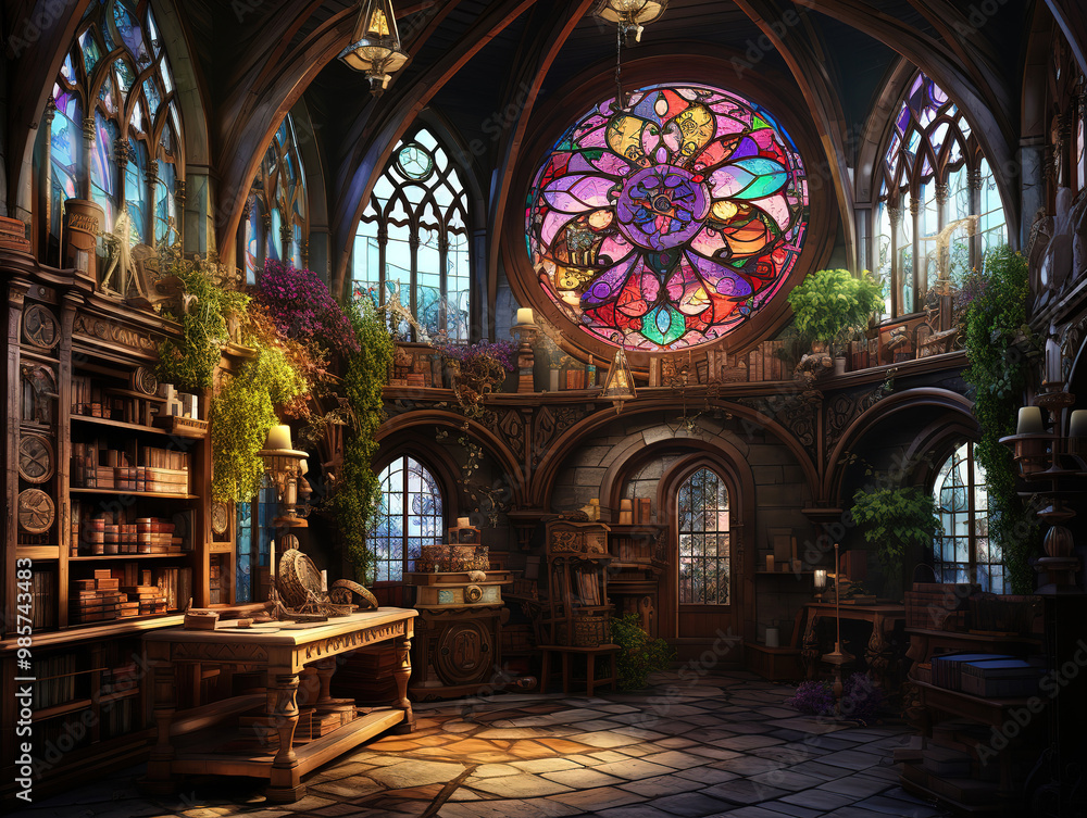 Fototapeta premium Luxurious Magic room interior with witch stuff cauldron, staff with bird skull, burning candles