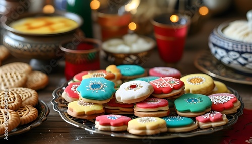 Vibrant Purim Table Filled with Festive Cookies and Pastries Celebrating Jewish Holiday Traditions