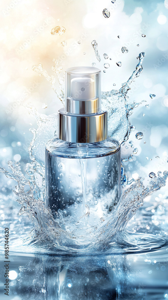 Vertical background with bottle of cosmetics for care and splashes of water. Care, perfumery, spa, moisturizing, cleansing. Vertical background with bottle of cosmetics for care and splashes of water. Care, perfumery, spa, moisturizing, cleansing.
