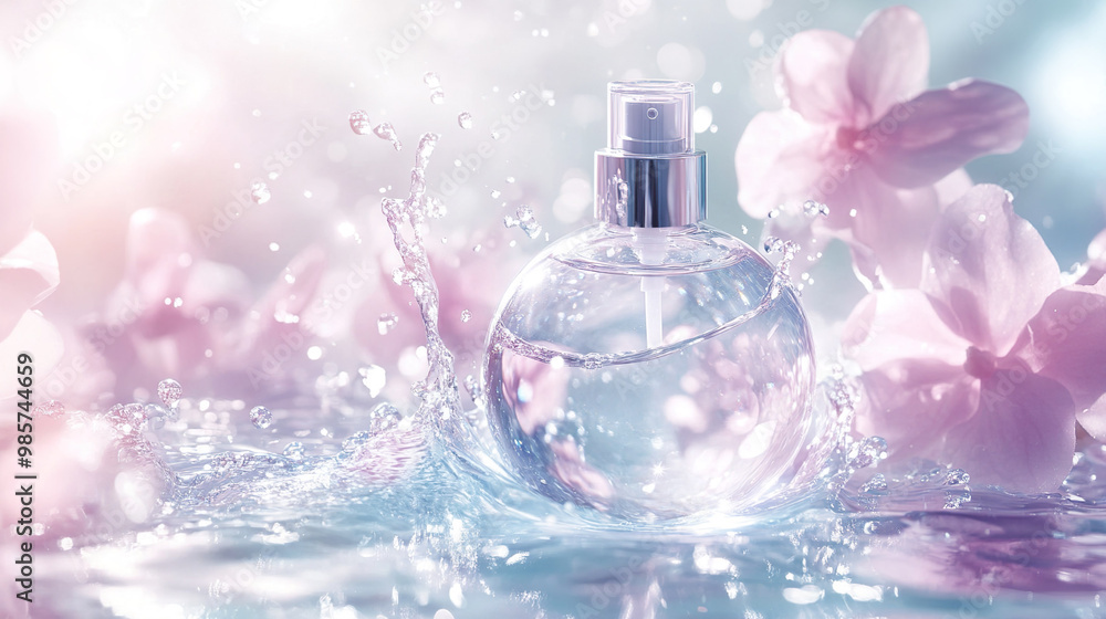 Horizontal background with bottles of cosmetics for care, splashes of water and flowers. Care, perfumery, spa, moisturizing, cleansing. Horizontal background with bottles of cosmetics for care, splashes of water and flowers. Care, perfumery, spa, moisturizing, cleansing.
