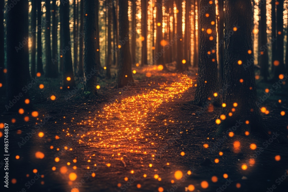 Enchanted path with sparkling lights at twilight Enchanted path with sparkling lights at twilight