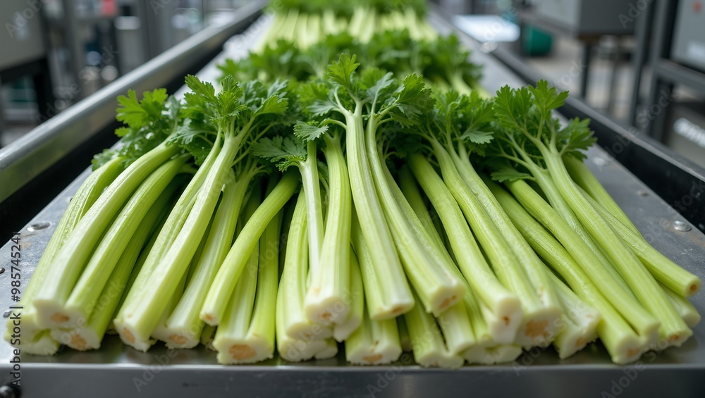 Fresh celery stalks on factory processing line Fresh celery stalks on factory processing line