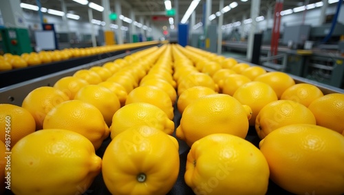 Fresh yellow lemons on conveyor belt in processing facility