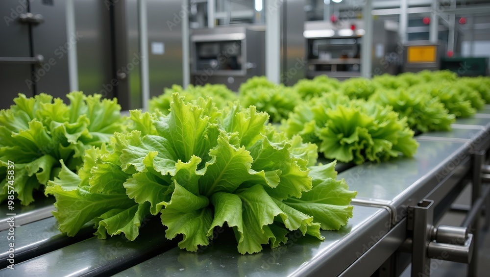 Fresh lettuce heads on conveyor belt in industrial factory setting Fresh lettuce heads on conveyor belt in industrial factory setting