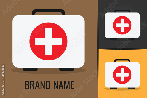 First aid kit logo. Cross safety medic treatment ambulance logotype. Medical bag icon logo