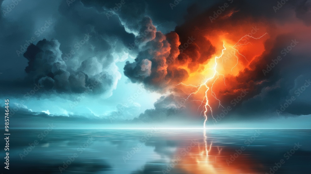 Fototapeta premium Dramatic Storm with Lightning Over Calm Waters