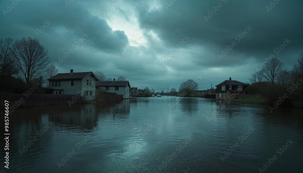 A dark and stormy night with a river in the background A dark and stormy night with a river in the background