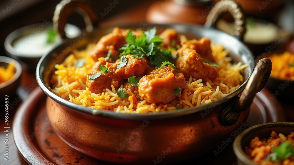 A sumptuous bowl of chicken biryani served in a rustic copper pot, garnished with fresh coriander leaves, and accompanied by sides, creating a warm dining atmosphere. A sumptuous bowl of chicken biryani served in a rustic copper pot, garnished with fresh coriander leaves, and accompanied by sides, creating a warm dining atmosphere.