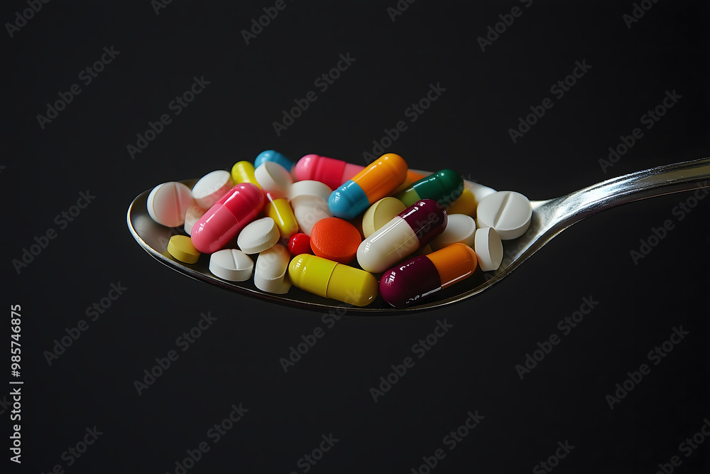 A spoon filled with a variety of pills rather than food, showing how medication is replacing natural wellness or nourishment A spoon filled with a variety of pills rather than food, showing how medication is replacing natural wellness or nourishment