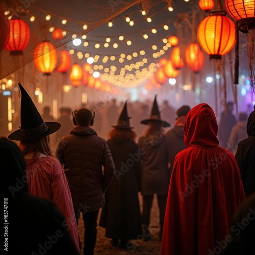 Wallpaper Mural A night scene with people in various costumes strolling beneath rows of red lanterns and string lights, creating a lively and vibrant Halloween atmosphere filled with festivity and excitement. Torontodigital.ca
