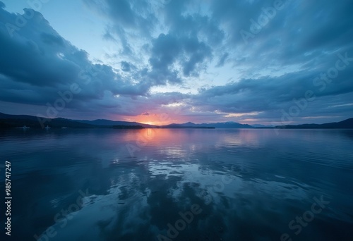 Lakeside at Dawn with Golden Sky and Silhouetted Mountains