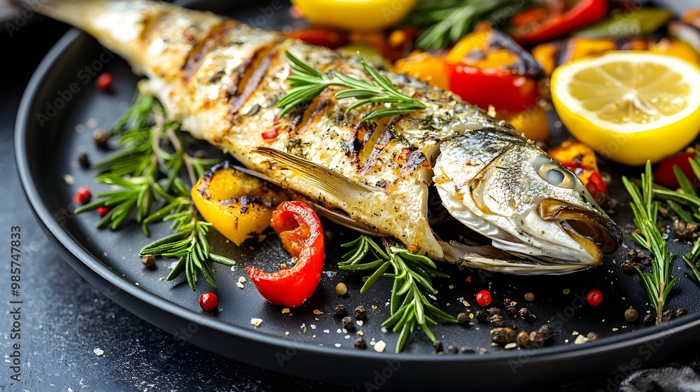 Frisch gegrillter Fisch auf einer Tafel angerichtet Frisch gegrillter Fisch auf einer Tafel angerichtet