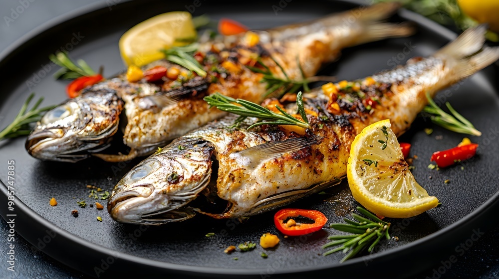 Frisch gegrillter Fisch auf einer Tafel angerichtet Frisch gegrillter Fisch auf einer Tafel angerichtet