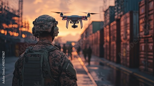 Military logistics using drone delivery, visualizing the specialized use of drones for transporting military supplies.