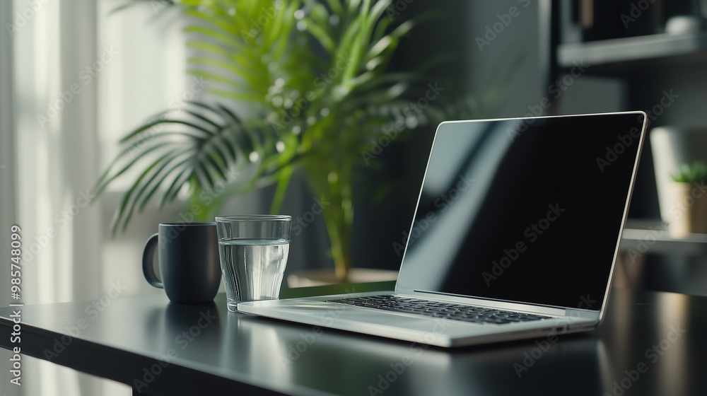 Laptop on the table with glass of water Laptop on the table with glass of water