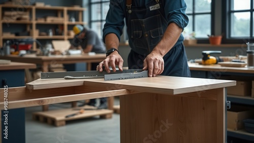 A skilled artisan uses a measuring tool to prepare a wooden board for crafting in a professional woodworking studio, demonstrating precision and dedication to the craft of carpentry.