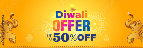 Diwali festive offers 50% off sale deals discount with lanterns, elephant, lights, crackers, sparkle background.