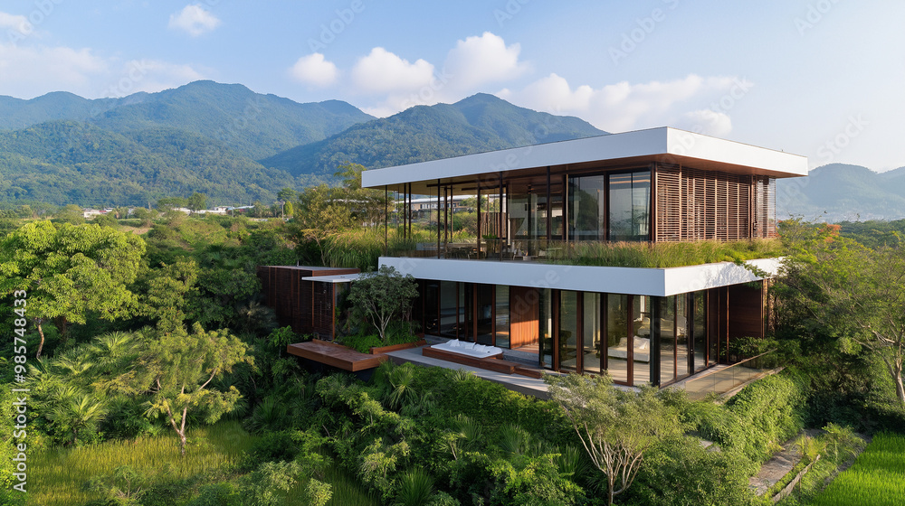 A modern house in the middle of rice fields, with a white metal roof and wood cladding, large windows overlooking a green paddy field and mountain view. A modern house in the middle of rice fields, with a white metal roof and wood cladding, large windows overlooking a green paddy field and mountain view.
