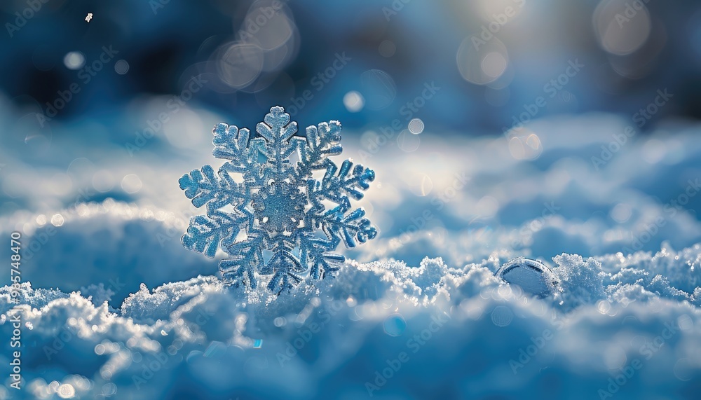 A Shiny, Blue Snowflake Resting on a Bed of Fresh Snow A Shiny, Blue Snowflake Resting on a Bed of Fresh Snow