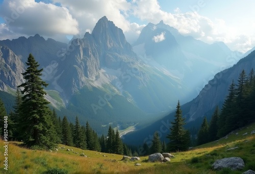 Jagged Mountain Peaks with Lush Meadow and Winding River