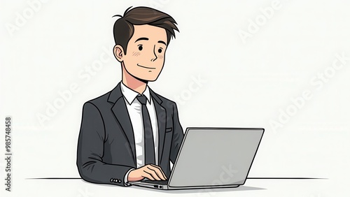 A cartoon illustration of a businessman in a suit, diligently typing on a laptop at a desk, exuding concentration and a determined work ethic in a professional setting. photo