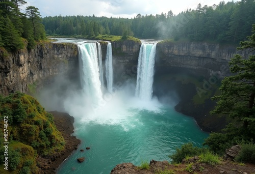 Twin Waterfalls Cascading into Turquoise Pool Surrounded by Rugged Cliffs