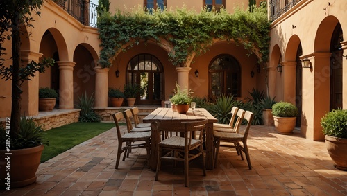 An outdoor dining area with a table and chairs, surrounded by plants and arches.