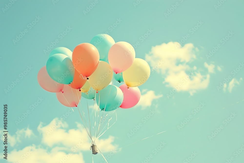 Colorful balloons floating in the blue sky with clouds and copy space Colorful balloons floating in the blue sky with clouds and copy space