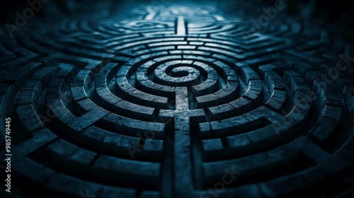 A labyrinth with dark paths looping back on themselves, symbolizing the endless loops of negative thinking patterns