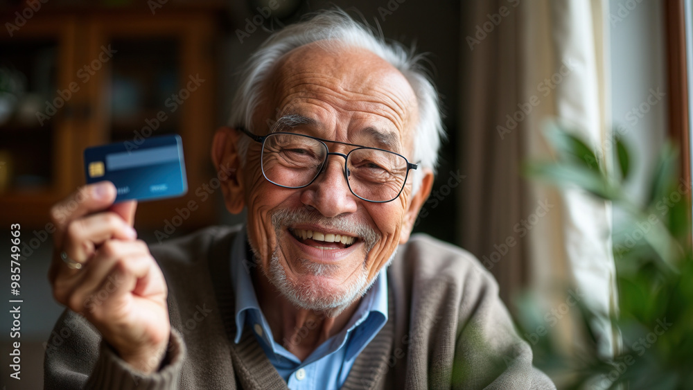 Obraz premium An elderly man with glasses smiles broadly while holding a credit card. He is seated indoors, surrounded by soft morning light, creating a warm atmosphere that highlights his cheerful demeanor and joy