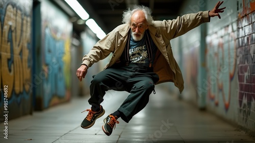 An old man leaps energetically in an urban setting, specifically a graffiti-filled subway corridor, showcasing an unexpected display of youthfulness and vibrancy.