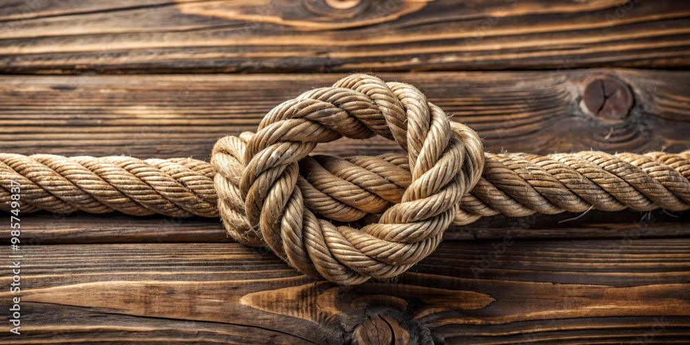 A close-up of a textured knot of rope on a rustic wooden background A close-up of a textured knot of rope on a rustic wooden background