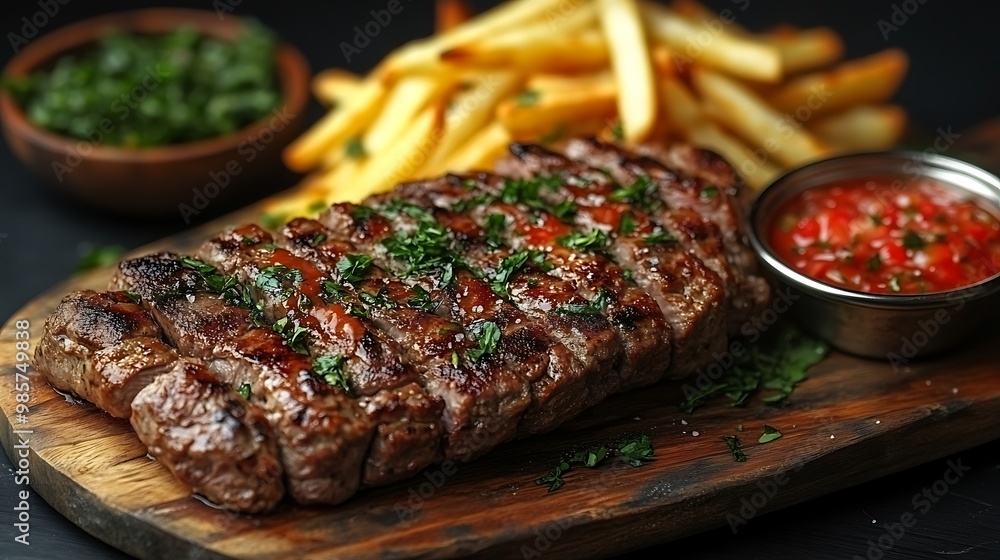 Grilled steak, french fries, and salsa on a wooden board. Grilled steak, french fries, and salsa on a wooden board.