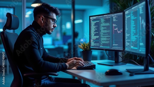 A dedicated developer works on multiple monitors, coding late into the night in a modern office, exemplifying focus, innovation, and the tireless work ethic of the tech industry.