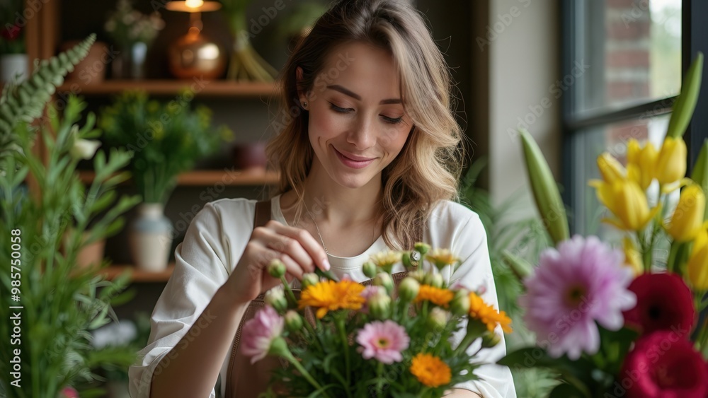 The florist, focused and peaceful, artfully arranges vibrant flowers amidst lush greenery inside a cozy floral shop, expressing creativity and the joy of nature. The florist, focused and peaceful, artfully arranges vibrant flowers amidst lush greenery inside a cozy floral shop, expressing creativity and the joy of nature.