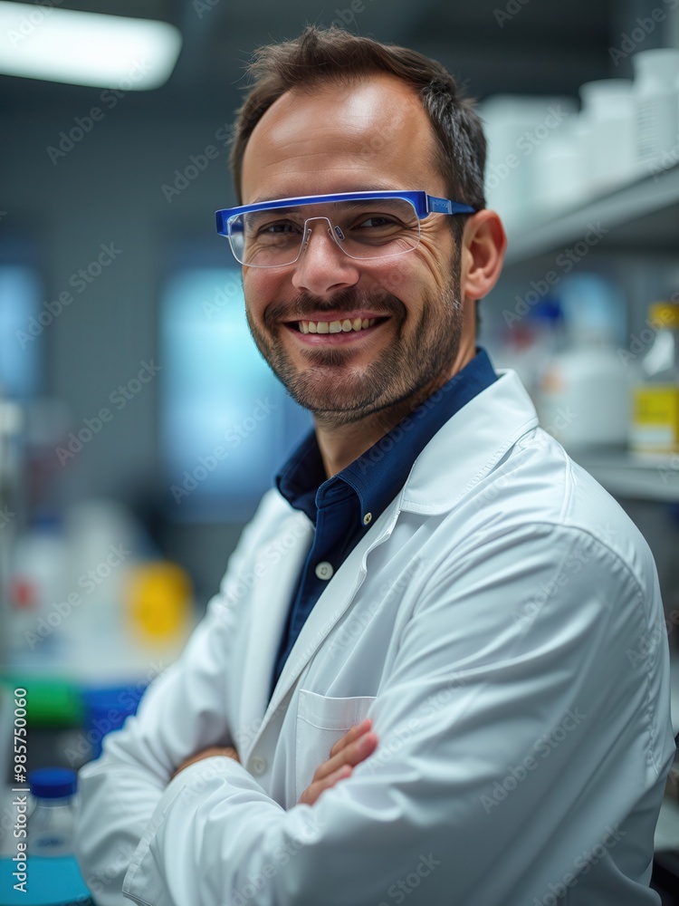 A smiling scientist wearing a lab coat and safety glasses stands confidently in a well-equipped laboratory A smiling scientist wearing a lab coat and safety glasses stands confidently in a well-equipped laboratory