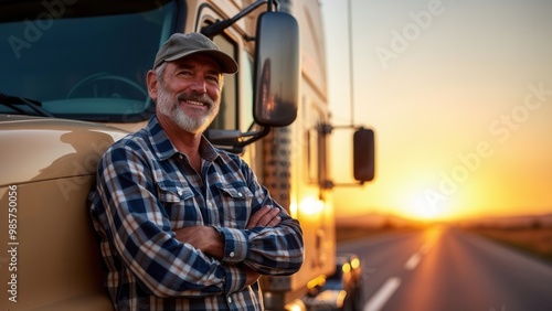 A cheerful truck driver is standing confidently next to a large truck during the sunset, showcasing the open road, adventure, and a sense of determination.