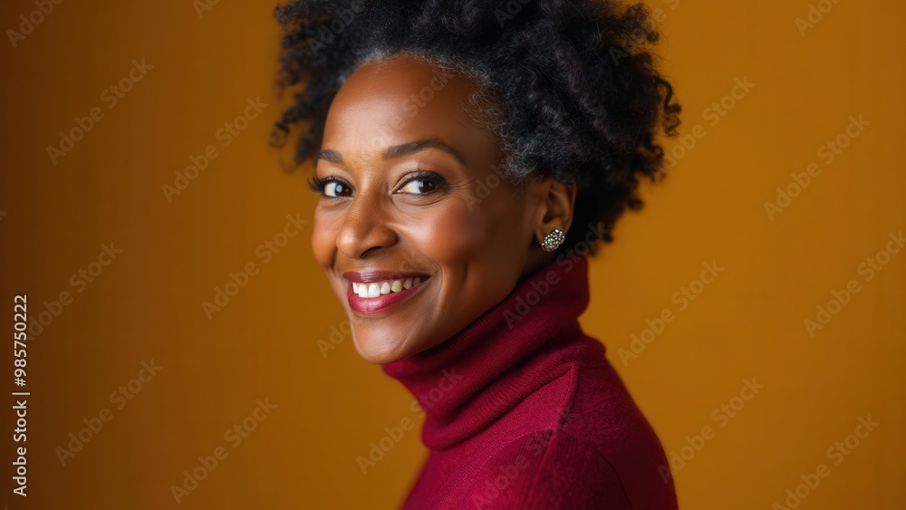 A confident woman with natural curly hair showcases her joyful expression while dressed in a stylish turtleneck. The warm colors of the background enhance the inviting atmosphere, radiating positivity