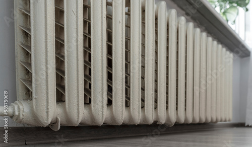 Wallpaper Mural Closeup of old fashioned white radiator against wall highlighting texture of metal and its classic design in home interior Torontodigital.ca