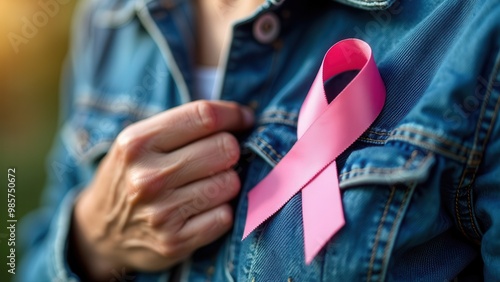 A person stands outside at sunset, gently holding a pink ribbon pinned to their denim jacket. This gesture symbolizes support and awareness for breast cancer, fostering a sense of community and hope.