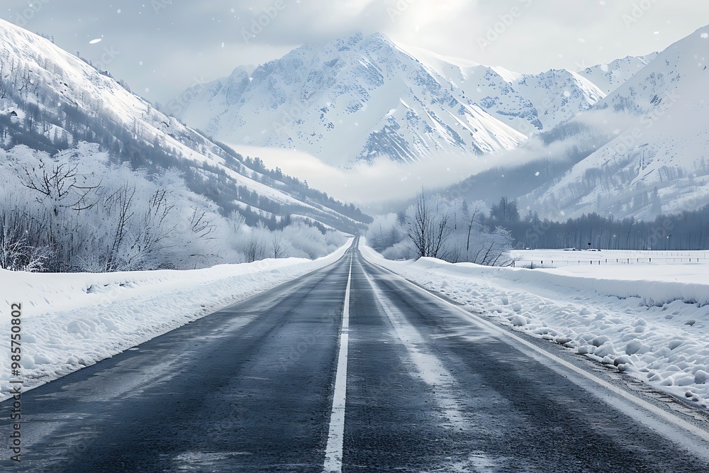 Beautiful winter landscape with snow covered road in the mountains. Beautiful winter landscape with snow covered road in the mountains.