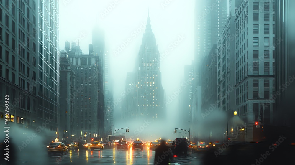 A misty city street with traffic and tall buildings. A misty city street with traffic and tall buildings.