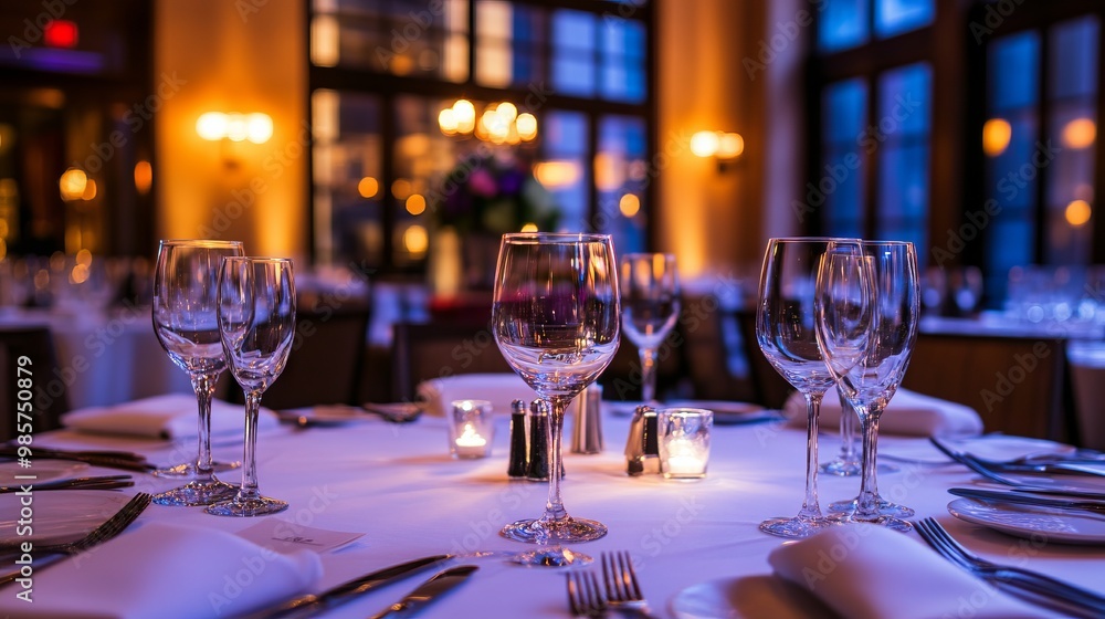 Elegant corporate event venue with sophisticated table settings and ambient lighting, highlighting a professional and upscale atmosphere. Elegant corporate event venue with sophisticated table settings and ambient lighting, highlighting a professional and upscale atmosphere.
