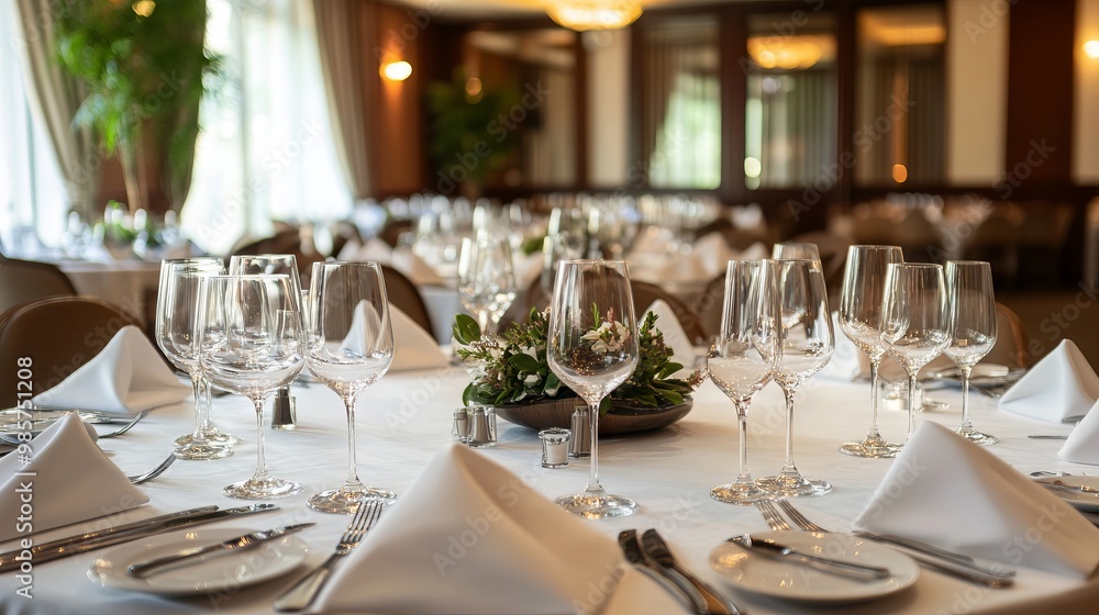 Elegant corporate event venue with sophisticated table settings and ambient lighting, highlighting a professional and upscale atmosphere. Elegant corporate event venue with sophisticated table settings and ambient lighting, highlighting a professional and upscale atmosphere.