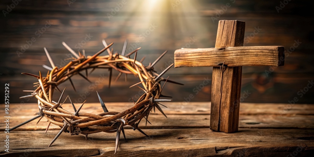 Crown of thorns placed on a wooden cross in the background Crown of thorns placed on a wooden cross in the background