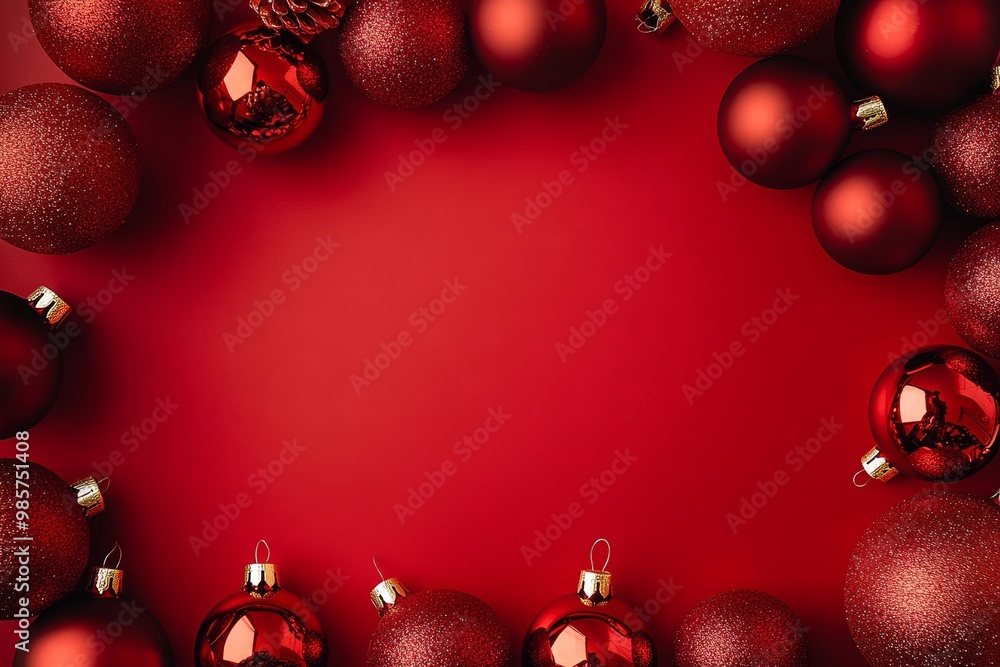 Decorative red holiday ornaments arranged in a festive circle on a vibrant red background during the joyful Christmas season Decorative red holiday ornaments arranged in a festive circle on a vibrant red background during the joyful Christmas season