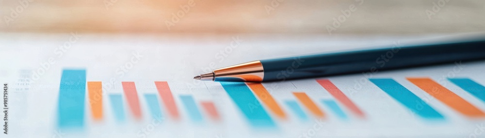 Fototapeta premium pen resting on a business graph, illustrating data analysis and financial trends in a professional setting.