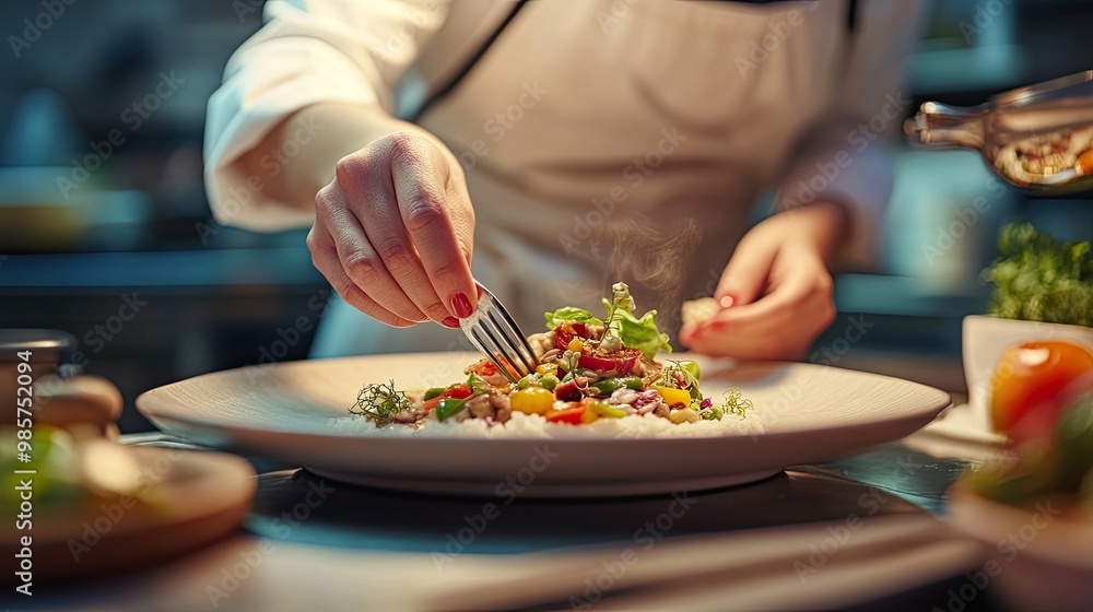 Chef Arranging Gourmet Dish with Fork Chef Arranging Gourmet Dish with Fork