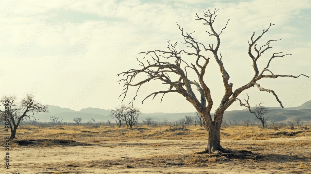 Dry, brittle trees with leafless branches, standing in a barren landscape under a hazy sky, signifying climate-induced drought. Dry, brittle trees with leafless branches, standing in a barren landscape under a hazy sky, signifying climate-induced drought.