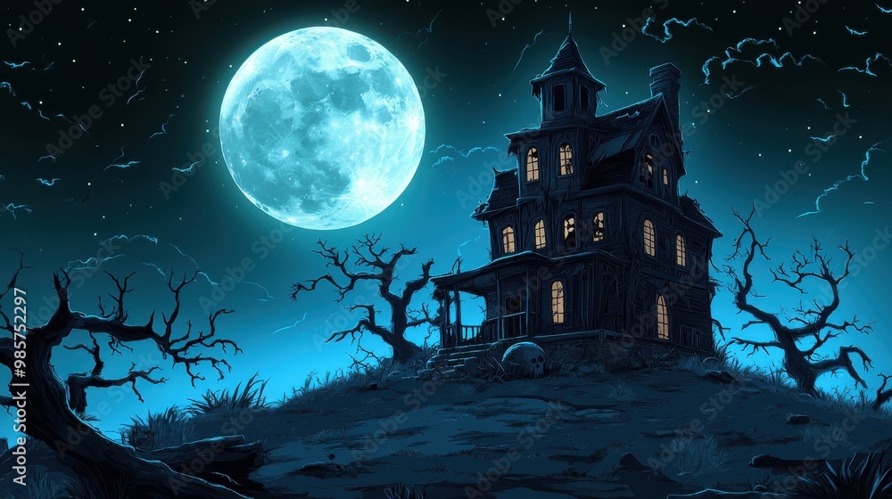 Haunted house under a full moon Haunted house under a full moon